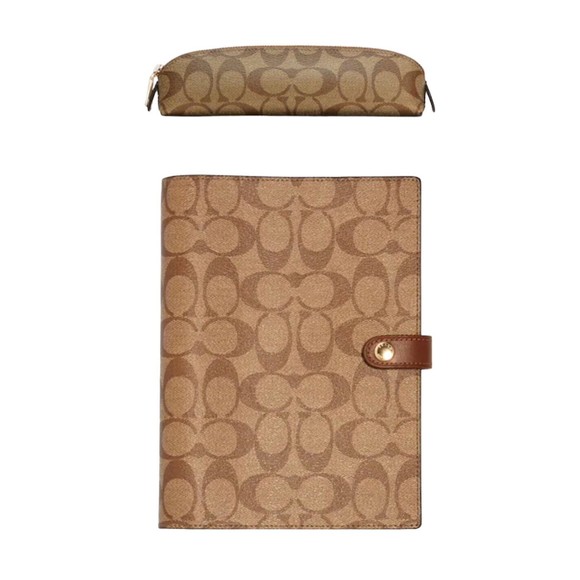 Coach Other - Coach Notebook & Pencil Case Set Signature Canvas Leather Khaki Brown Snap Zip